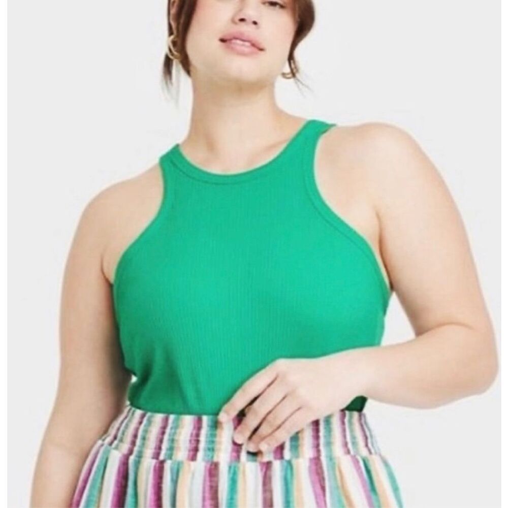 Ava & Viv‎ Ribbed Tank Top Women 1X Green NEW High Neck Sleeveless 8L014P